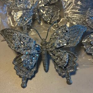 6 Silver Glitter Butterfly ornament clip ons. Qvc. Valerie part. Brand new